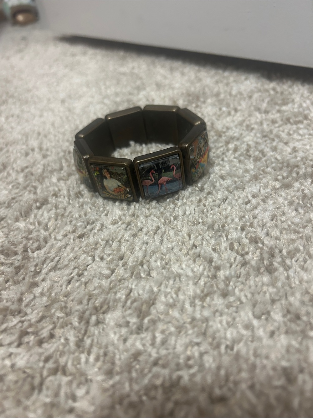 Vintage Enamel Panel Stretch Bracelet with Flamingo Motif